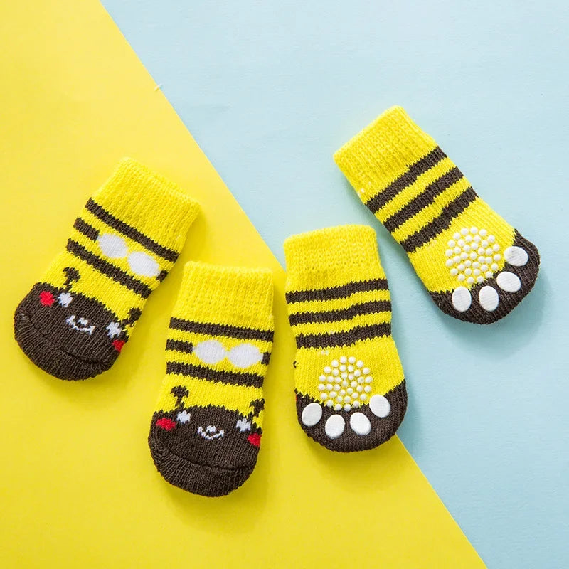 4Pcs Cute Pet Dog Socks with Print Anti-Slip Cats Puppy Shoes Paw Protector Products for Small Breeds Spitz York Dogs Chihuahua